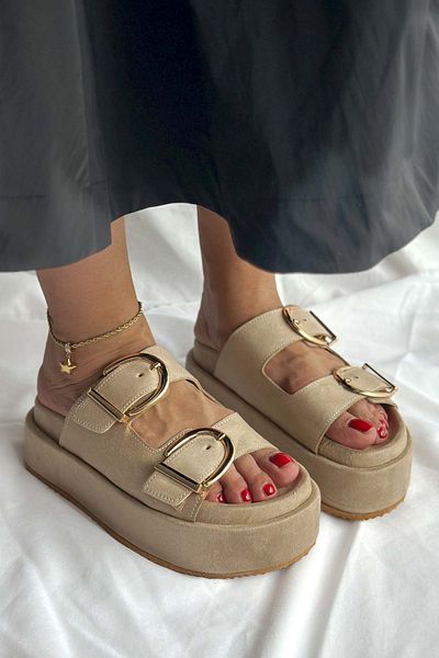 Shoebutik Papuci de damă Giza Beige din piele intoarsa cu toc inalt