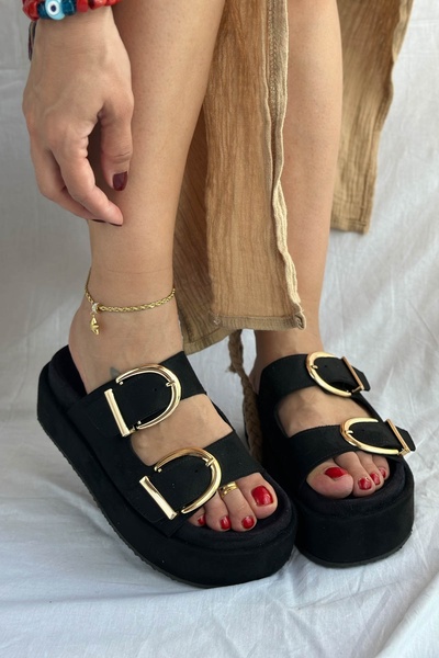 Shoebutik Giza Black Suede High Wedge Heel Women's Slippers