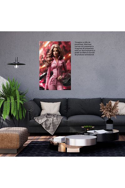 StoryGift Romania Tablou Canvas: Pasiunea Pentru Viteză Figura În Salopetă Roz Și Mașina Sport Perfectă Pictura D