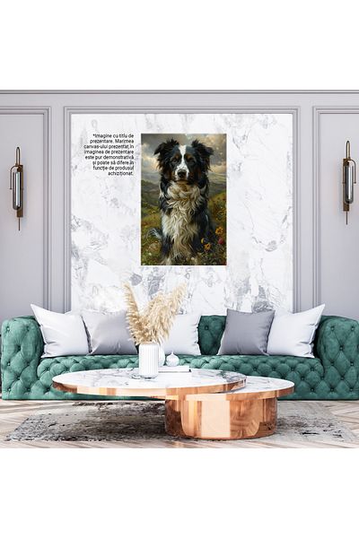 StoryGift Romania Tablou Canvas Border Collies Rasa De Caini Cu Ochii Caprui Ingandurat In Camp De Floricele Si