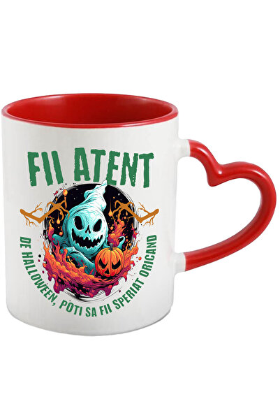 StoryGift Romania Cana fii atent H4ALLowen sperietoare fantoma, 330ml, Ceramica cu Maner Inima Ros, Cu Maner Inim