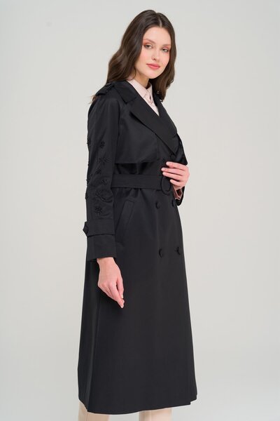 Olcay Kolları Boncuk ve İşleme Detaylı Su İtici Özellikli Premium Trençkot SİYAH 6688