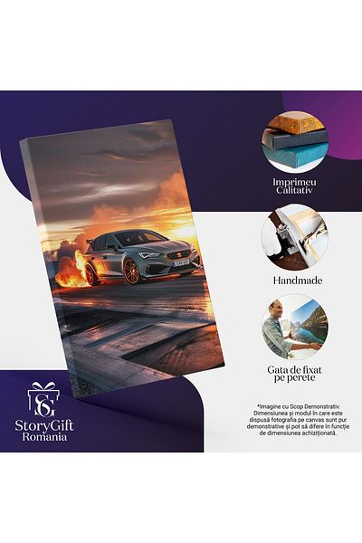 StoryGift Romania Canvas Print Grey Seat Leon Car with Fire in the Back Stopped on the Street, Car on Fire, Car on Fire