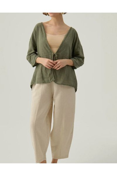 Rosidam Long Sleeve Linen Cardigan with Tie Front Detail