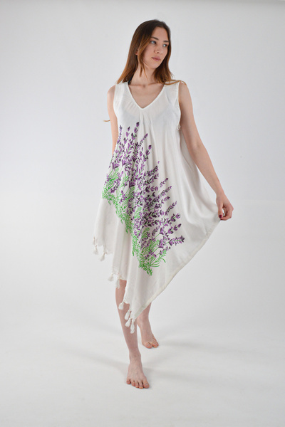 REİNA TEKS Сукня з асиметричним кроєм, з лавандовим візерунком, бавовняна віскозна пляжна сукня, 1 шт. Парео Beachwear