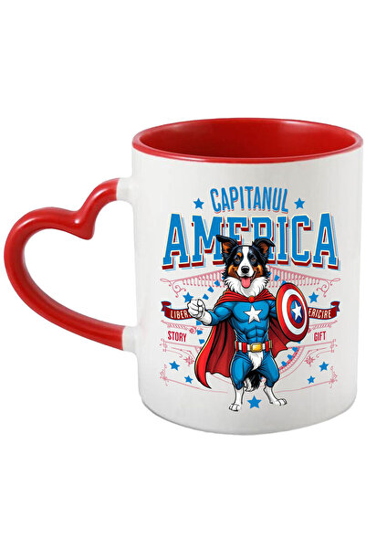 StoryGift Romania Cana cu Border Collie Caine In Costum de Capitan America cu Pelerina, Erou Noctu, Cu Maner Inim