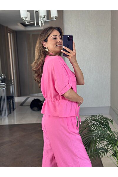 BELLA FASHION Lace-Up Short Sleeve Pink Jacket Pants Set