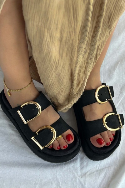 Shoebutik Giza Black Suede High Wedge Heel Women's Slippers