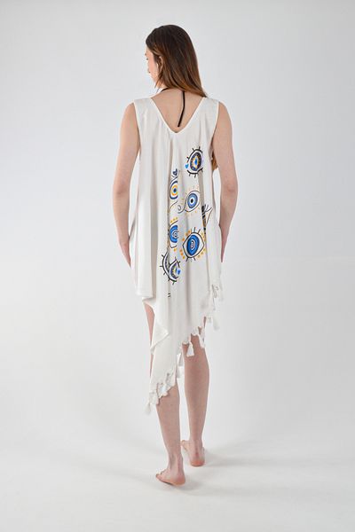 REİNA TEKS Bell Dress Evil Eye Beaded Eye Pattern Asymmetric Dress Cotton Viscon Beach 1 Pçs Pareo Beachwear