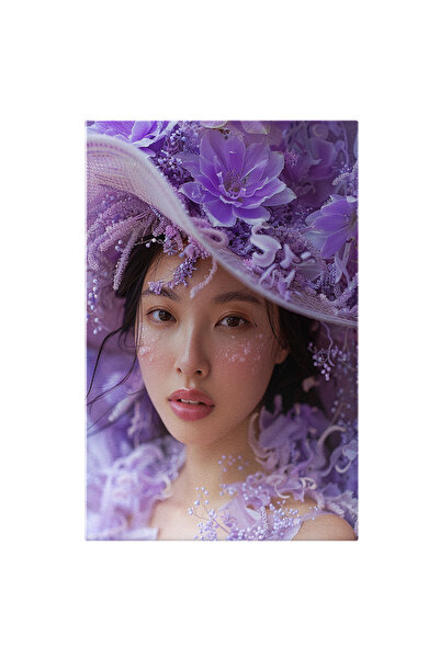 StoryGift Romania Tablou Canvas Doamna Asiatică Cu Pălărie Mov Și Rouă Pe Obr...