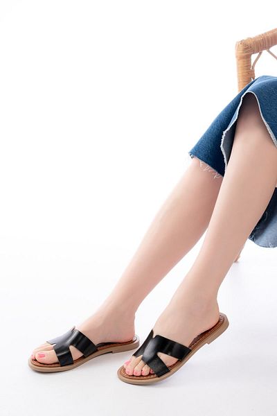 İNFON İnfon 169-6100 Black Orthopedic Genuine Leather Women's Slippers