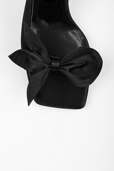 Shoeberry Women's Lily Black Satin Bow Detailed Heeled Shoes