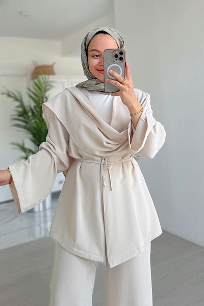 Ka Hijab Shawl Collar Suit - Beige