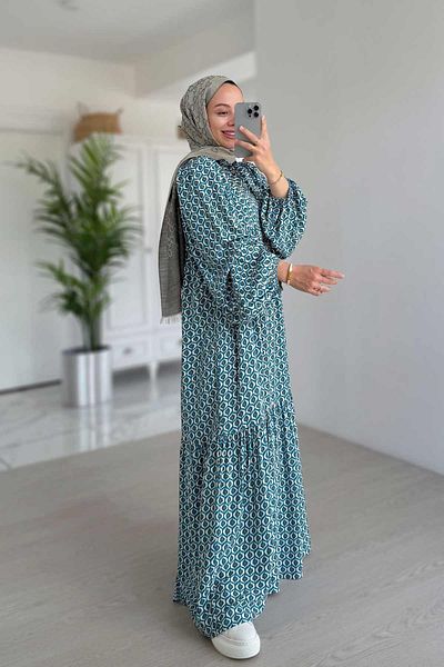 Ka Hijab Geometric Patterned Belted Dress - Blue