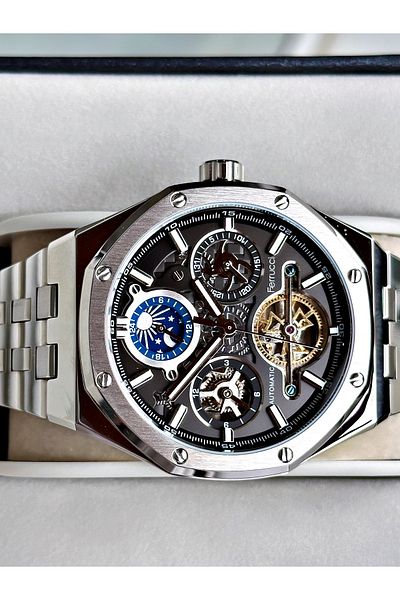 Ferrucci Silver Color Mechanism Luxury Business Model Automatic Mechanism Men's Wrist Watch + Bracelet