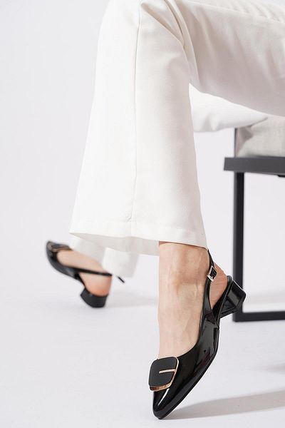 Moda Pie Leka oval stone buckle open back women's flat shoes black patent leather