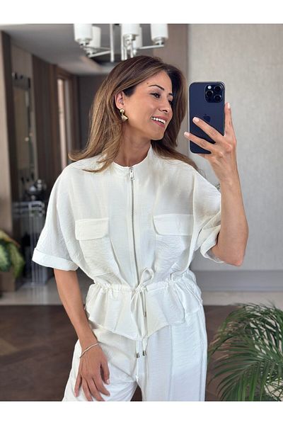 BELLA FASHION Lace-Up Short Sleeve Jacket Pants Set