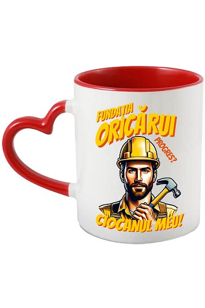 StoryGift Romania Cana Barbat Constructor Fundatia oricarui progres Ciocanul meu!, 330ml, Ceramica, Cu Maner Inim
