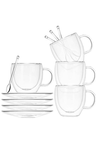 Quasar & Co. Set of 4 Double Walled Mugs with 4 Saucers and 4 Spoons ®, Heat Resistant Glass, 250ml
