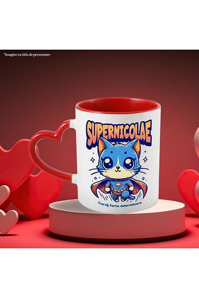 StoryGift Romania Super Nicolae Mug, Superhero, Flying Cat, 330ml, Ceramic with Heart Handle Ro, With, STG