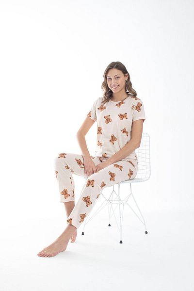 Burki Cream Teddy Bear Patterned Women's Short Sleeve Pajama Set