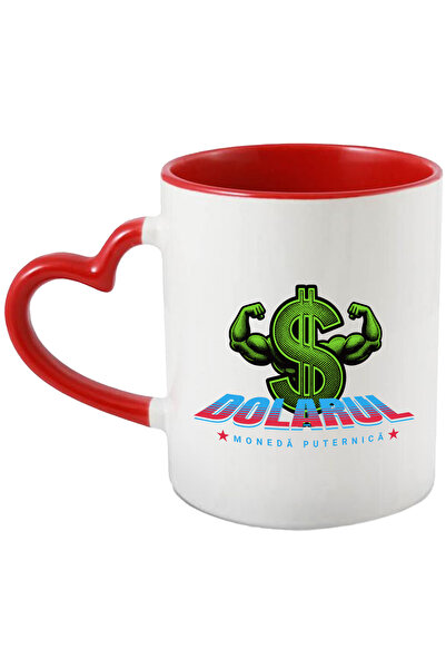 StoryGift Romania Cana simbol dolar cu brate puternice investitie sigura, 330ml, Ceramica cu Maner, Cu Maner Inim