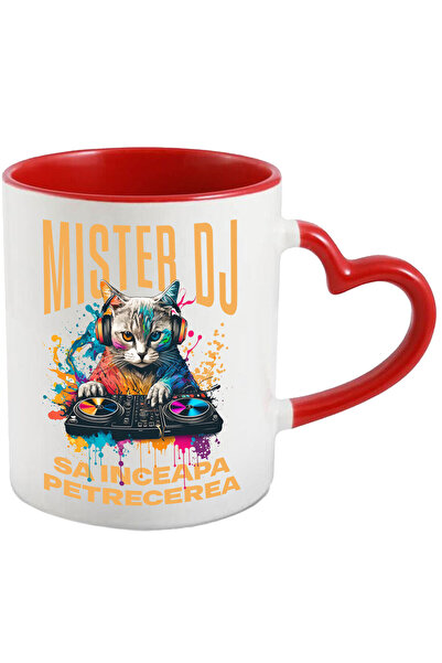 StoryGift Romania Cana cu Motan Cu Casti Audio DJ Text sa Inceapa Distractia, Petrecere Muzica, Zi, Cu Maner Inim