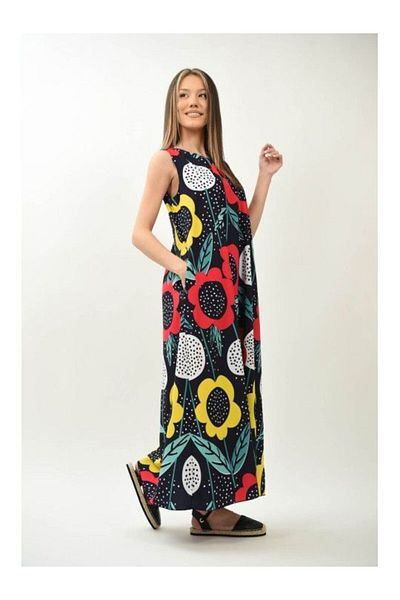 FASHIONLAND Rochie Lunga Imprimeu Floral Fara Maneci Casual Cu Buzunare Galantee Talie Unica Multicolora