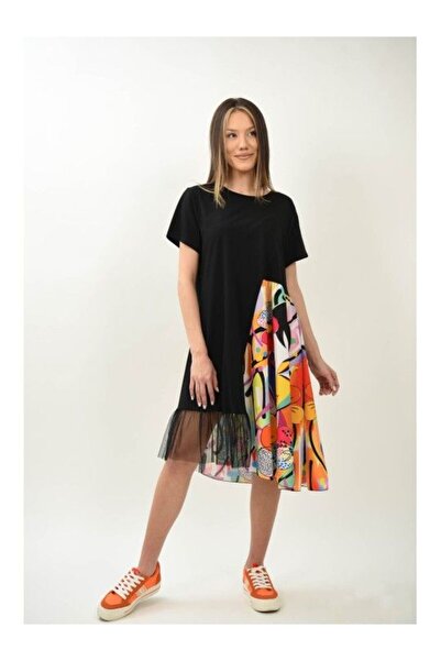 FASHIONLAND ROCHIE MIDI ASIMETRICA COMBINATA CU TUL MANECA SCURTA FLOWER FACE...