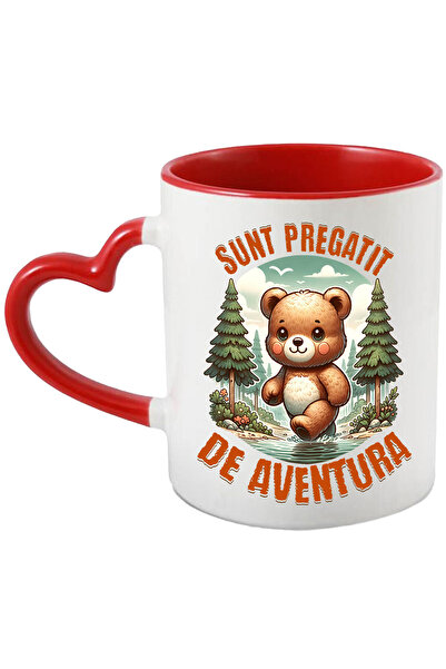 StoryGift Romania Cana cu Urs De Plus Maro In Padure Rau Apa Cristalina Text Sunt Pregatit De Aven, Cu Maner Inim