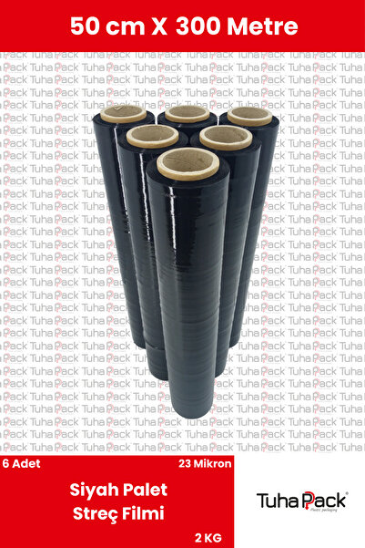tuhapack plastic packaging Streç Film 50cm X 250m 6 Adet, Siyah, 23 Mikron, 2...
