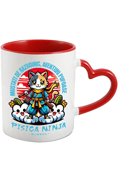 StoryGift Romania Cana cu Pisica Colorata Ninja Pe Nori Text Mustati De Razboinic Aventuri Pufoase, Cu Maner Inim