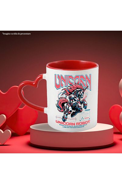 StoryGift Romania Cana cu Unicorn Roz Robot inteligenta Artificiala Text In Limba Romana, Ceramica, Cu Maner Inim