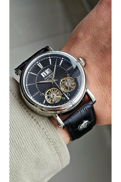 Raymond Rym-33002 Raymond Automatic Double Turbulon Mens Wristwatch - Stainless Steel Case and Leather Band