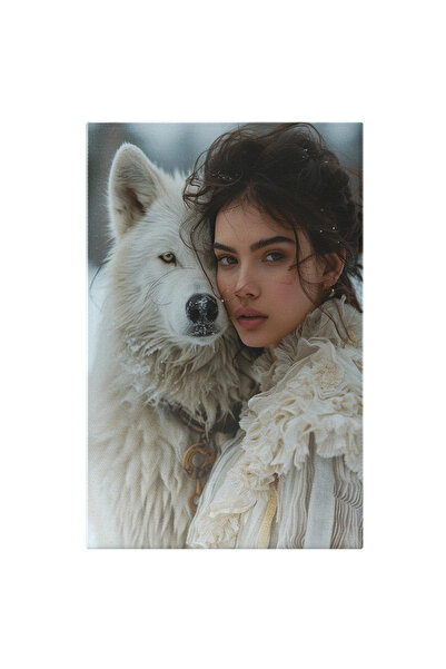 StoryGift Romania Tablou Canvas Girl Of The Snow Langa Un Lup Alb Cu Zgarda S...