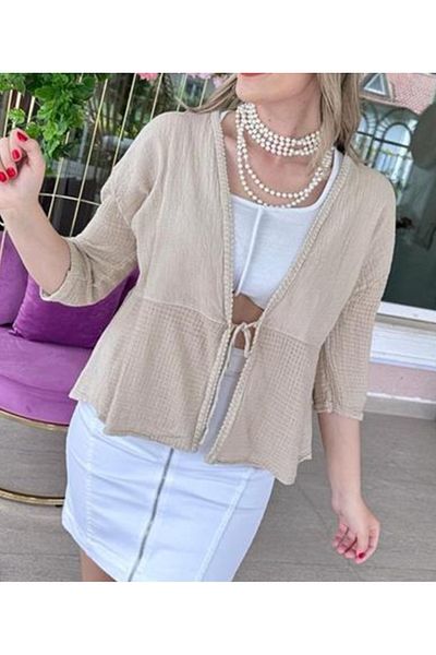 Rosidam Long Sleeve Linen Cardigan with Tie Front Detail