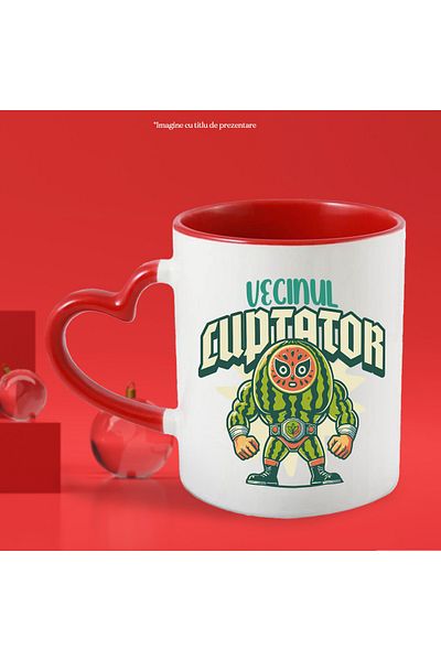 StoryGift Romania Funny Watermelon Mug with illustration of the Neighbor-fighter, 330ml, Ceramic with Heart Handle Ro, Cu, STG.