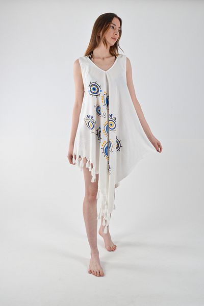 REİNA TEKS Bell Dress Evil Eye Beaded Eye Pattern Asymmetric Dress Cotton Viscon Beach 1 Pçs Pareo Beachwear