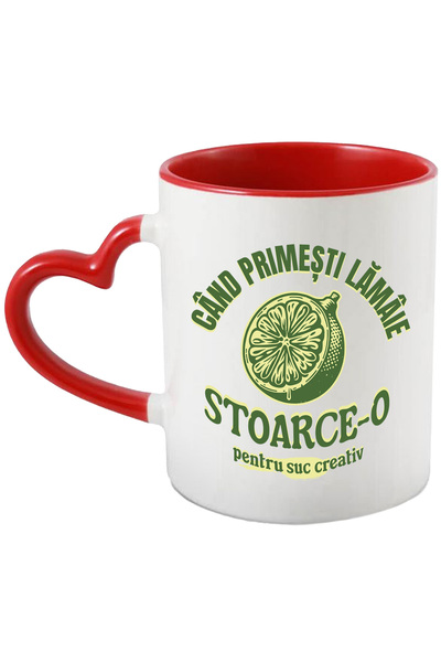 StoryGift Romania Cana Cand primesti lamaie, stoarce-o limonada, 330ml, Ceramica cu Maner Inima Ro, Cu Maner Inim