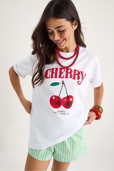 Bianco Lucci Damen-T-Shirt aus Baumwolle mit Kirschdruck in Übergröße, Basic, 04025 60284052