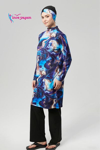 İNCEYAŞAM Full Covered Water Repellent Quick Dry Hijab Swimsuit Suit Hijab Swimwear Scald Pattern Swimwear