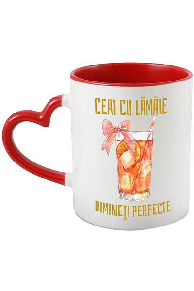 StoryGift Romania Cana ceai cu lamaie dimineti perfecte pahar cu pai si funda, 330ml, Ceramica cu , Cu Maner Inim
