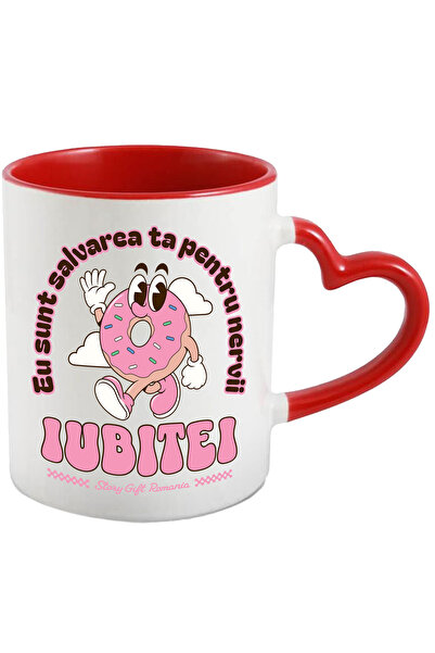 StoryGift Romania Cana Gogoasa Vesela Text Haios Eu Sunt Salvarea Ta Pentru Nervii Iubitei , 330ml, Cu Maner Inim