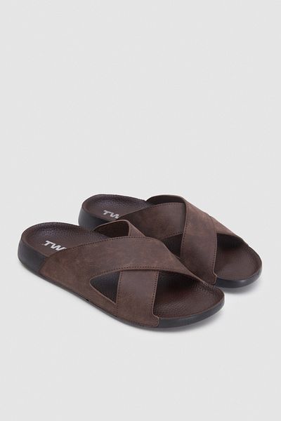Twn Brown Cross Band Slippers