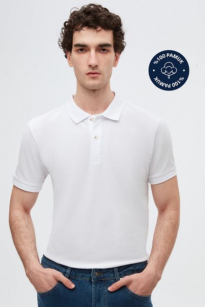 D'S Damat Ds Damat Regular Fit White 100% Cotton Long Lasting Non-Curling Polo Neck Embroidered T-Shirt