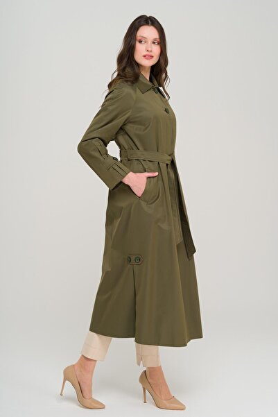 Olcay Shirt Collar Side Slit Lined Water Repellent Long Trench Coat A.Khaki 6700