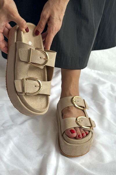 Shoebutik Papuci de damă Giza Beige din piele intoarsa cu toc inalt