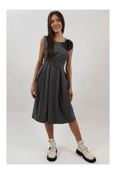 FASHIONLAND MIDI DRESS WITH EMBOSSED FLOWER, MALLY WAIST BELT, ONE SIZE FITS ALL, Grey