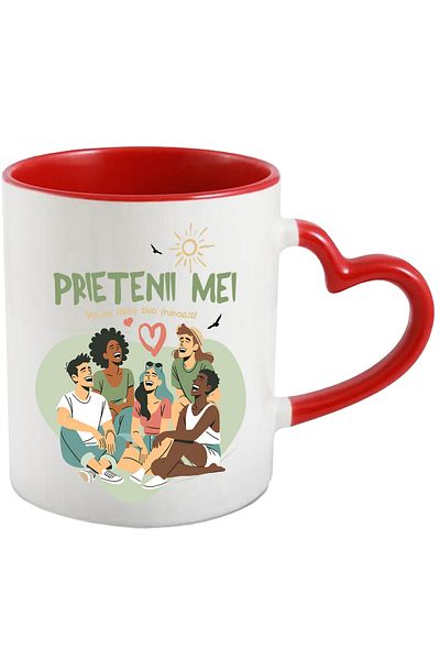 StoryGift Romania Cana Grup de prieteni fericiti imi faceti ziua frumoasa, 330ml, Ceramica cu Mane, Cu Maner Inim