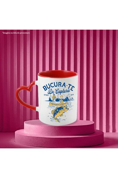 StoryGift Romania Cana Cu Silueta Barbati In Barca Pescuit Undita Peste Hobby Text Bucura-te De Ca, Cu Maner Inim Stg